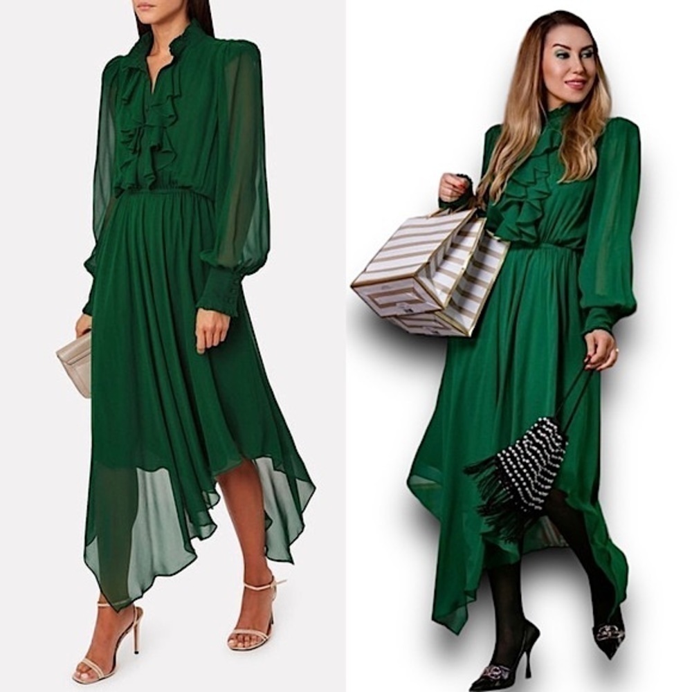 NWT DIVINE HERITAGE Silk 70s Ruffle Neck Sheer Puffed Long Sleeve‎ Midi Dress S